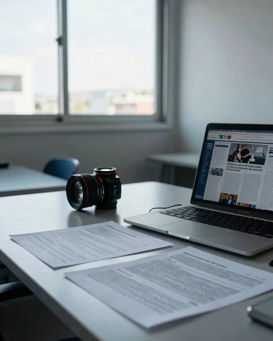 Documentary editorial photograph of a quiet newsroom desk in Brazil, paper notes and a laptop with a news page open, nat