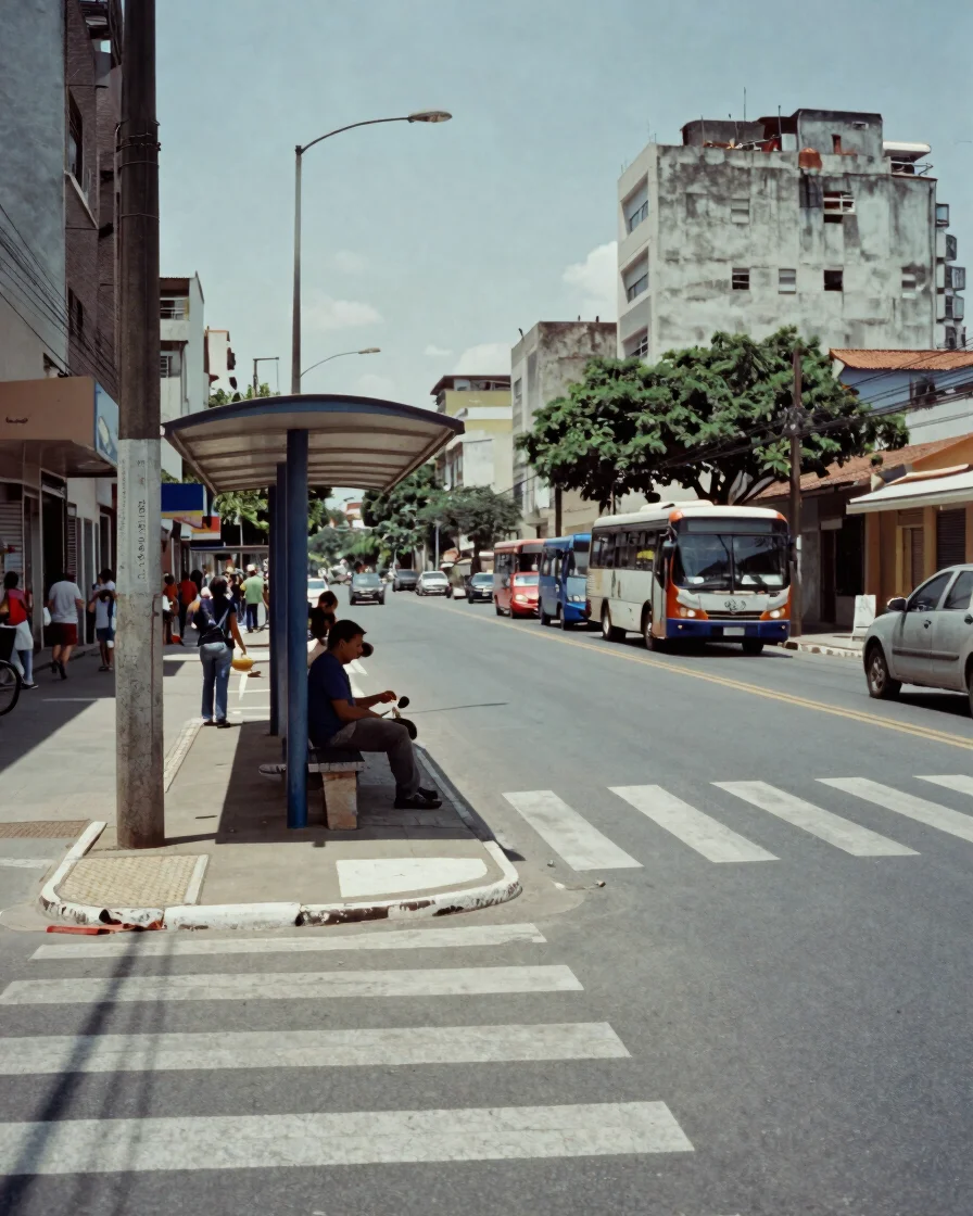 Documentary 35mm frame of an everyday Brazilian city street at mi